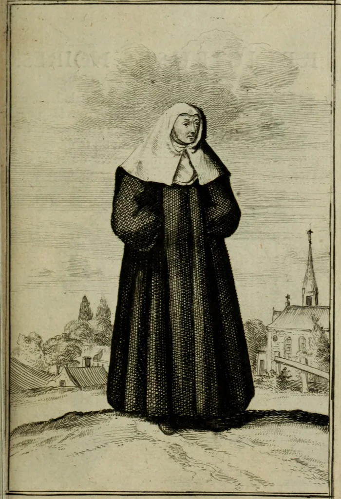 An illustration from Courte description des ordres des femmes & filles religieuses. Contenant une petite relation de leur origine, de leur progrés, & de leur confirmation. Avec les figures de leurs habits, gravez, 1691, leaf 78