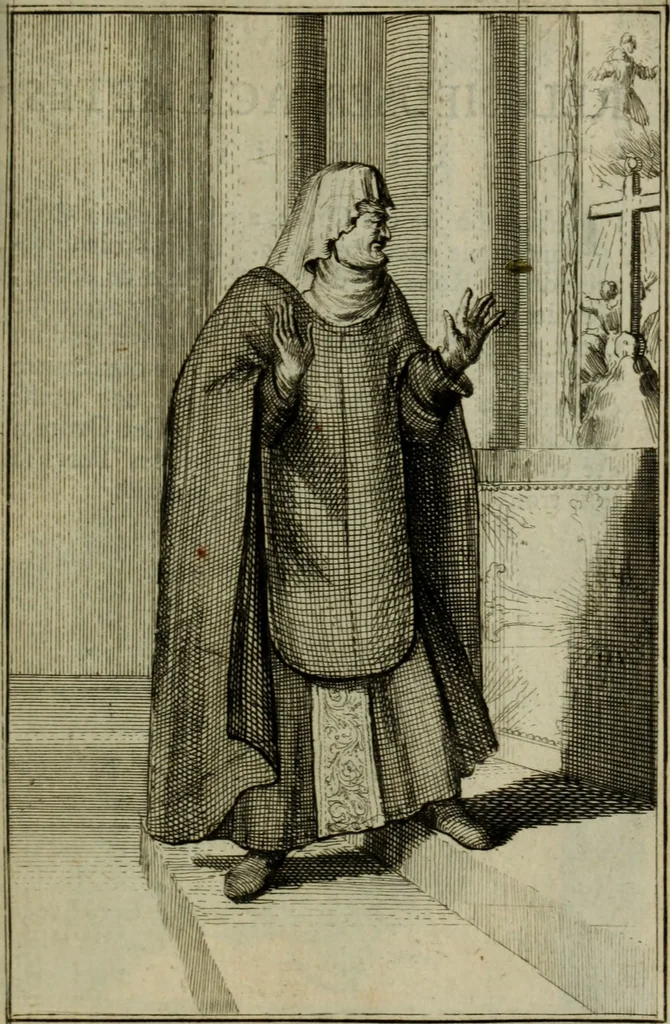 An illustration from Courte description des ordres des femmes & filles religieuses. Contenant une petite relation de leur origine, de leur progrés, & de leur confirmation. Avec les figures de leurs habits, gravez, 1691, leaf 90