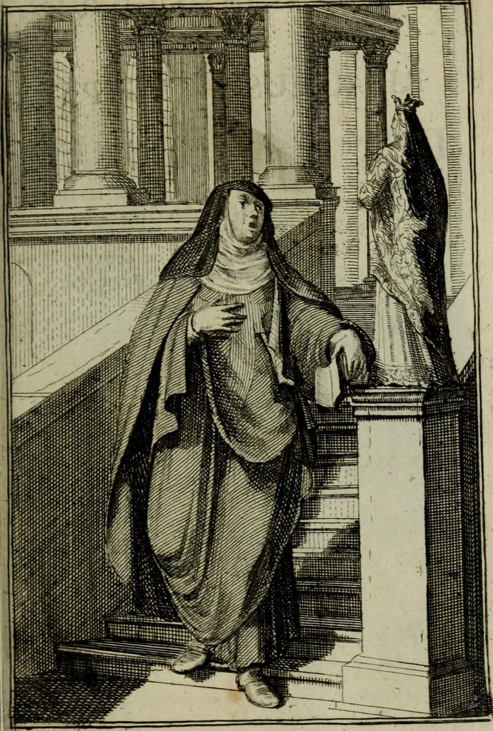 An illustration from Courte description des ordres des femmes & filles religieuses. Contenant une petite relation de leur origine, de leur progrés, & de leur confirmation. Avec les figures de leurs habits, gravez, 1691, leaf 92