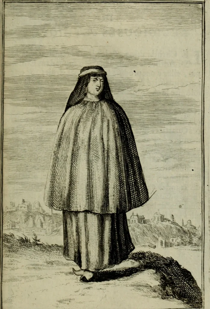 An illustration from Courte description des ordres des femmes & filles religieuses. Contenant une petite relation de leur origine, de leur progrés, & de leur confirmation. Avec les figures de leurs habits, gravez, 1691, leaf 96