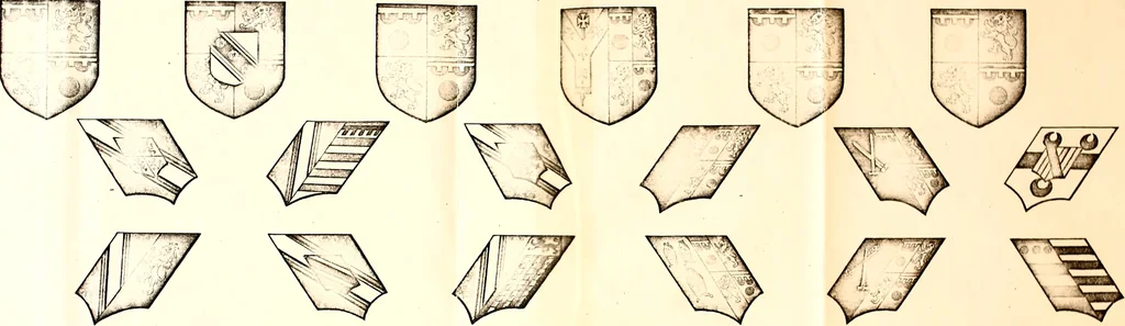 An illustration from Courtenay family armorial, containing over two hundred coats of arms taken from those at Powderham Castle, with explanatory notes, 1896, leaf 44
