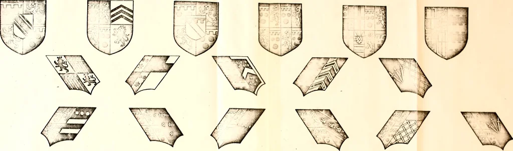 An illustration from Courtenay family armorial, containing over two hundred coats of arms taken from those at Powderham Castle, with explanatory notes, 1896, leaf 56