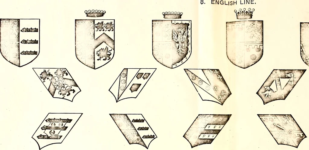 An illustration from Courtenay family armorial, containing over two hundred coats of arms taken from those at Powderham Castle, with explanatory notes, 1896, leaf 64
