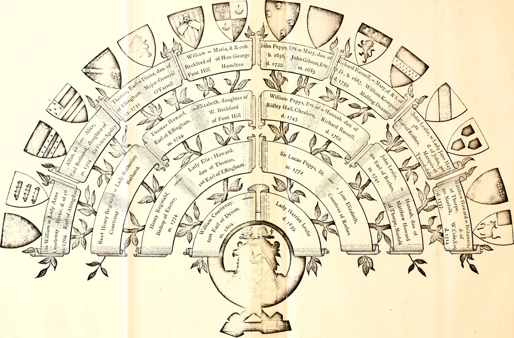 An illustration from Courtenay family armorial, containing over two hundred coats of arms taken from those at Powderham Castle, with explanatory notes, 1896, leaf 70