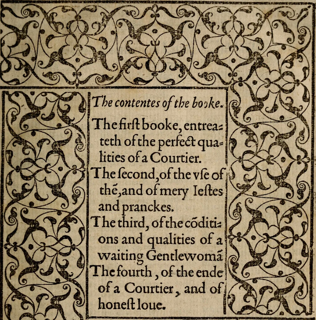 An illustration from The courtier of Count Baldessar Castilio : deuided into foure books : verie necessarie and profitable for young gentlemen and gentlewomen abiding in court, pallace, or place, 1588, leaf 10