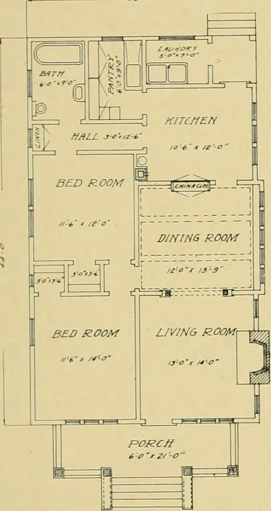 An illustration from Craftsman bungalows : a collection of the latest designs dedicated to the lover of a convenient home by Jud Yoho., 1912, leaf 46