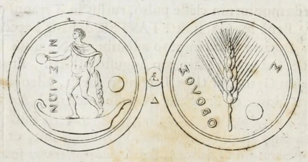 An illustration from Cranae insula Laconica, eadem & Helena dicta, & Minyarum posteris habitata : ex numismatibus Goltzianis, contra communem opinionem, quae ad Helenam Atticae respexit, 1696, leaf 28