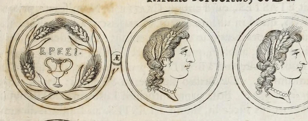 An illustration from Cranae insula Laconica, eadem & Helena dicta, & Minyarum posteris habitata : ex numismatibus Goltzianis, contra communem opinionem, quae ad Helenam Atticae respexit, 1696, leaf 31