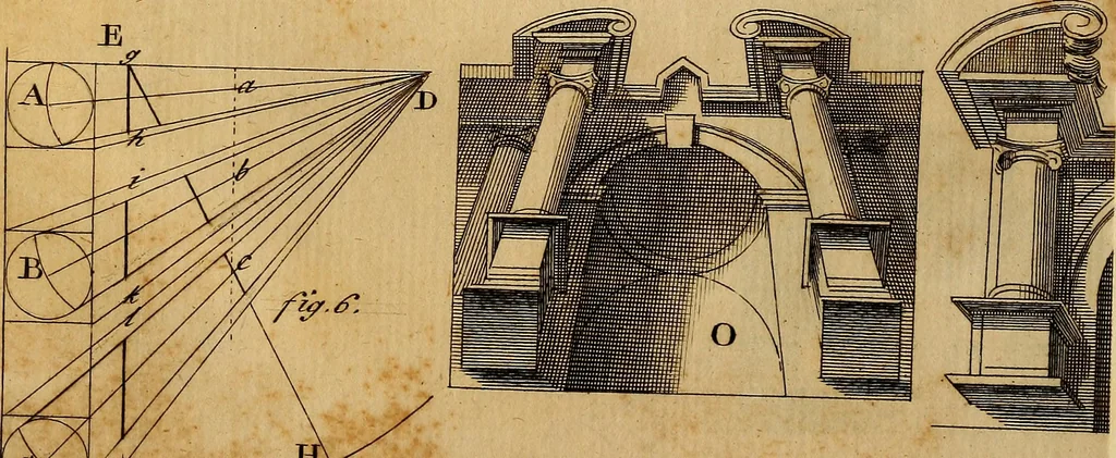 An illustration from A critical examination of those two paintings on the cieling [sic] of the banqueting-house at Whitehall : in which architecture is introduced, so far as relates to the perspective : together with the discussion of a question, which has been the subject of debate among painters : written many years since, but now first published, 1754, leaf 32