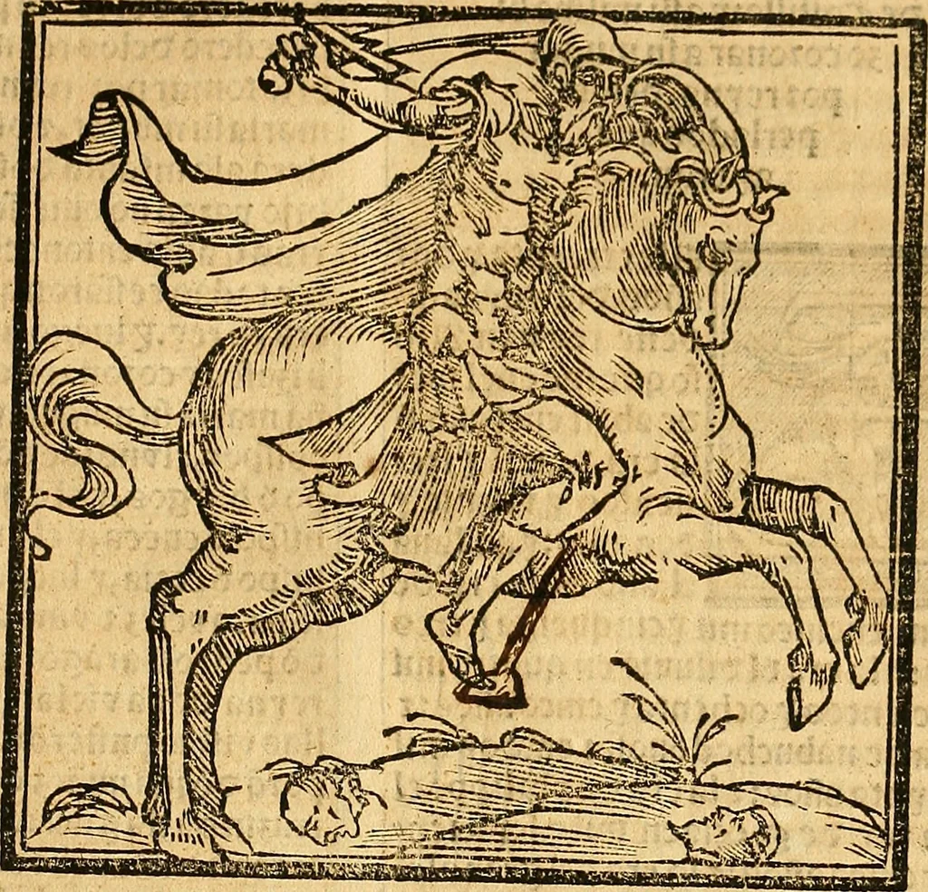 An illustration from Cronica del muy valeroso rey don Fernando, visnieto del sancto rey don Fernádo que gano a Seuilla : Nieto del rey dõ Alonso que fue par [?] emperador, [?] hizo el libro de las Sicte partidas y fue hijo del rey dõ Sancho el B[?]auo : Cuyas cronicas estan impressas : [?] y fue padre del rey dõ Alõso Onzeno q gano las Algeziras : Y abuelo del rey don Pedro : Cuyas cronicas tambie estan impressas : Este es el rey don Fernado que dizen que murio emplazado de los Caruajales, 1554, leaf 124