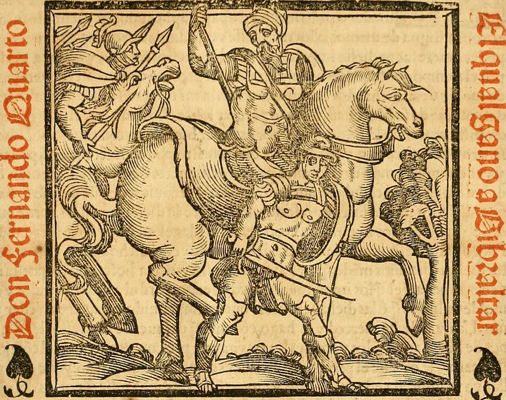 An illustration from Cronica del muy valeroso rey don Fernando, visnieto del sancto rey don Fernádo que gano a Seuilla : Nieto del rey dõ Alonso que fue par [?] emperador, [?] hizo el libro de las Sicte partidas y fue hijo del rey dõ Sancho el B[?]auo : Cuyas cronicas estan impressas : [?] y fue padre del rey dõ Alõso Onzeno q gano las Algeziras : Y abuelo del rey don Pedro : Cuyas cronicas tambie estan impressas : Este es el rey don Fernado que dizen que murio emplazado de los Caruajales, 1554, leaf 164