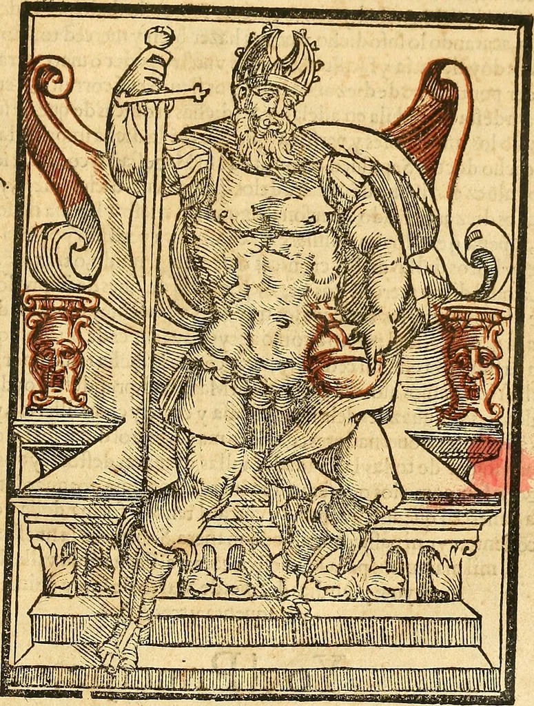 An illustration from Cronica del muy valeroso rey don Fernando, visnieto del sancto rey don Fernádo que gano a Seuilla : Nieto del rey dõ Alonso que fue par [?] emperador, [?] hizo el libro de las Sicte partidas y fue hijo del rey dõ Sancho el B[?]auo : Cuyas cronicas estan impressas : [?] y fue padre del rey dõ Alõso Onzeno q gano las Algeziras : Y abuelo del rey don Pedro : Cuyas cronicas tambie estan impressas : Este es el rey don Fernado que dizen que murio emplazado de los Caruajales, 1554, leaf 4