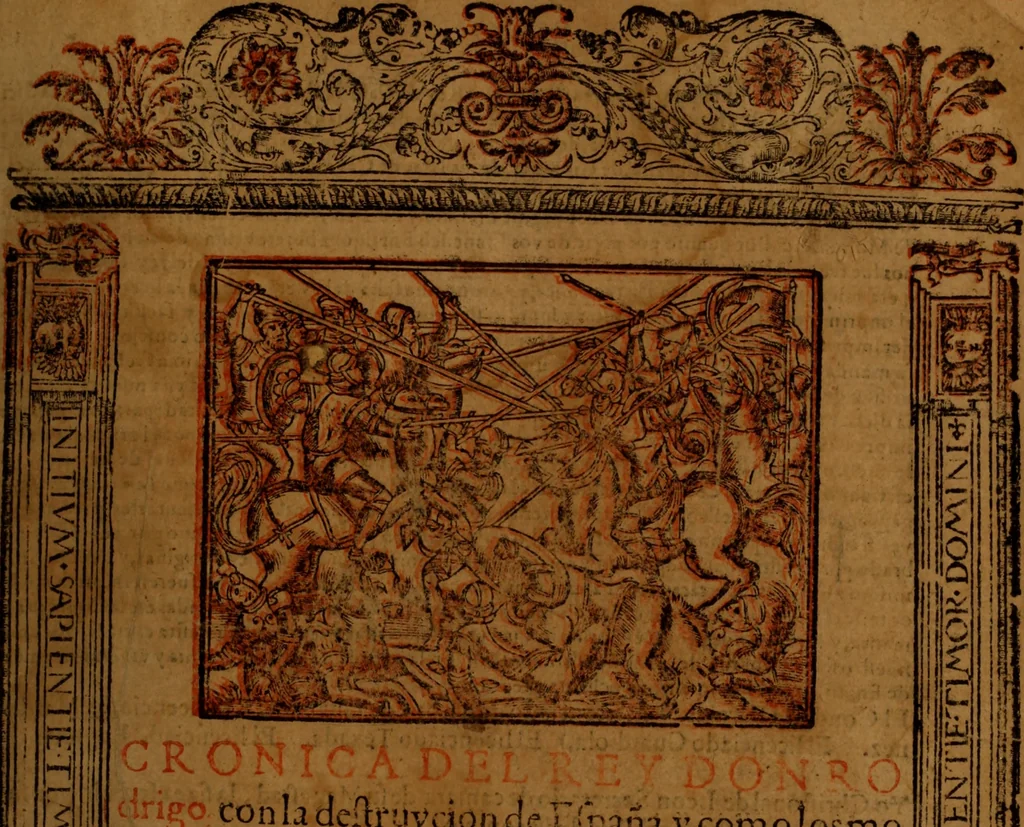 An illustration from Cronica del rey don Rodrigo con la destruycion de España : y como los moros la ganaron, 1587, leaf 6