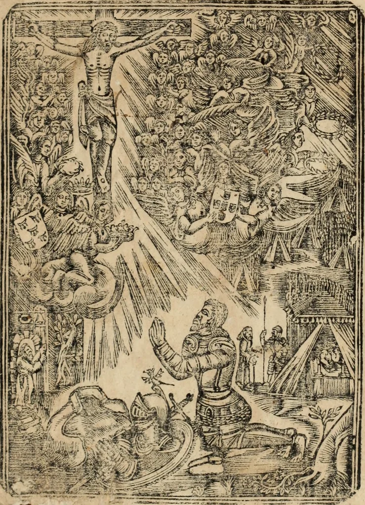 An illustration from Cronicas delrey d Ioam de gloriosa memoria o I. deste nome, e dos reys de Portugal o X. e as dos reys D. Duarte, e D. Affonso o V. ... : tiradas a luz por ordem do il.mo, e r.mo senhor Dom Rodrigo da Cunha. arcebispo de Lisboa ... e Autos do levantamento, e iuromentos delrey n.s. D. Ioam o IV, 1643, leaf 4