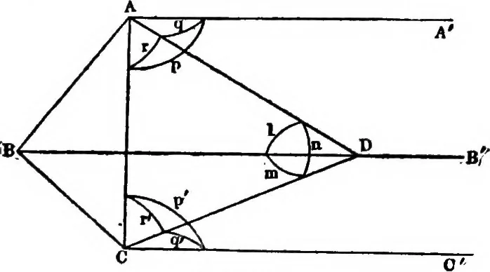 An illustration from Geometrical researches on the theory of parallels, 1914, leaf 33
