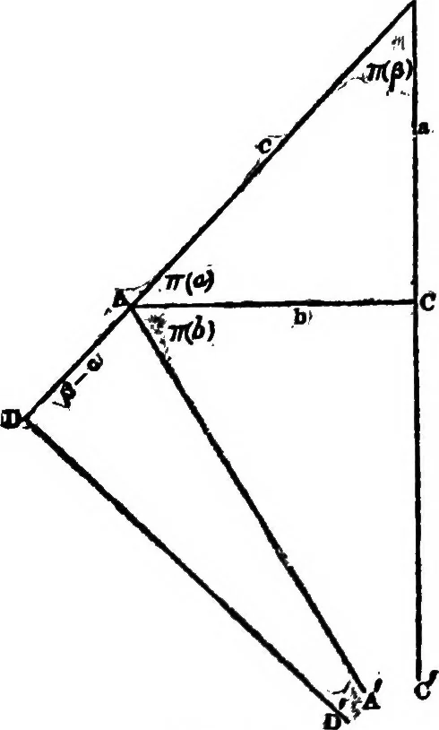 An illustration from Geometrical researches on the theory of parallels, 1914, leaf 45