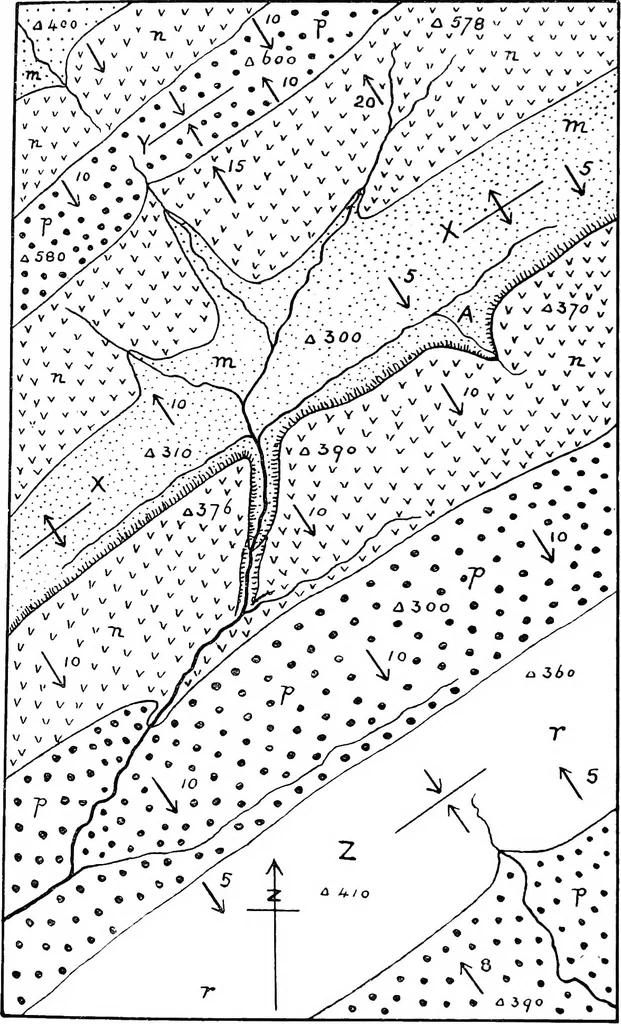 An illustration from Geological and topographical maps, their interpretation and use, a handbook for the geologist and civil engineer, 1911, leaf 104