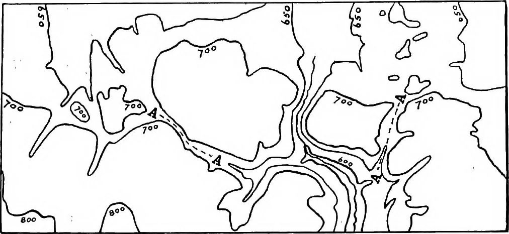 An illustration from Geological and topographical maps, their interpretation and use, a handbook for the geologist and civil engineer, 1911, leaf 24