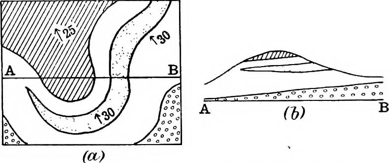 An illustration from Geological and topographical maps, their interpretation and use, a handbook for the geologist and civil engineer, 1911, leaf 72