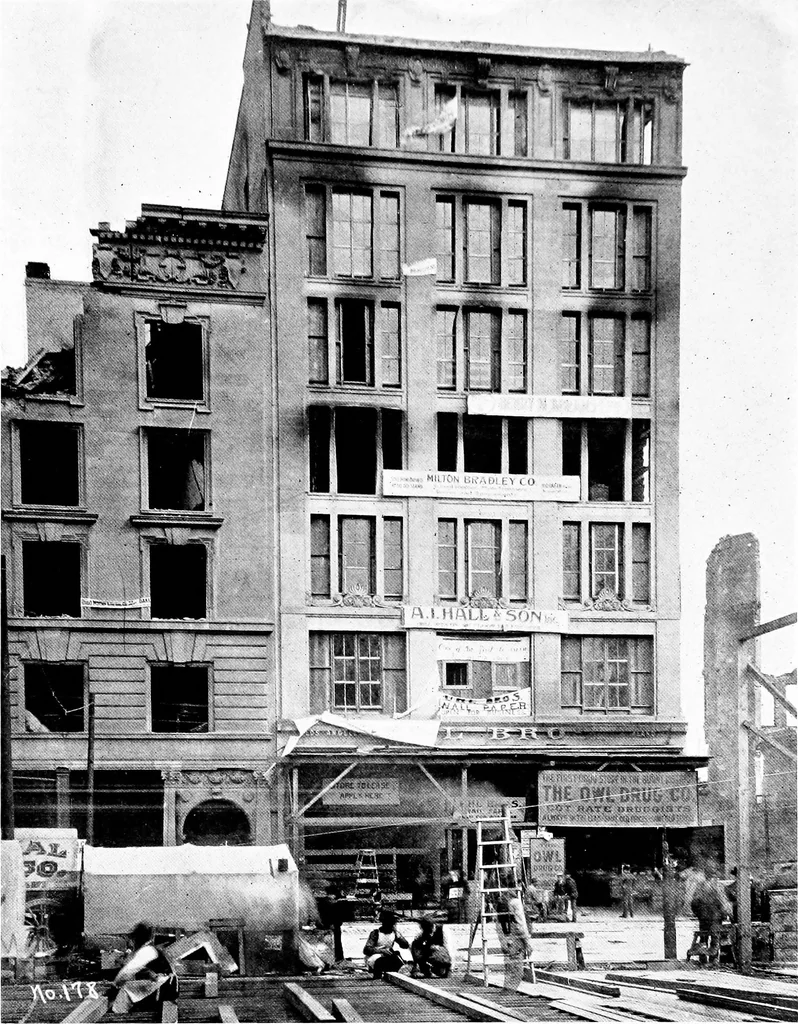 An illustration from The San Francisco earthquake and fire; a brief history of the disaster; a presentation of facts and resulting phenomena, with special reference to the efficiency of building materials, lessons of the disaster, 1906, leaf 100