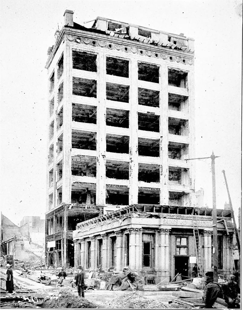 An illustration from The San Francisco earthquake and fire; a brief history of the disaster; a presentation of facts and resulting phenomena, with special reference to the efficiency of building materials, lessons of the disaster, 1906, leaf 128