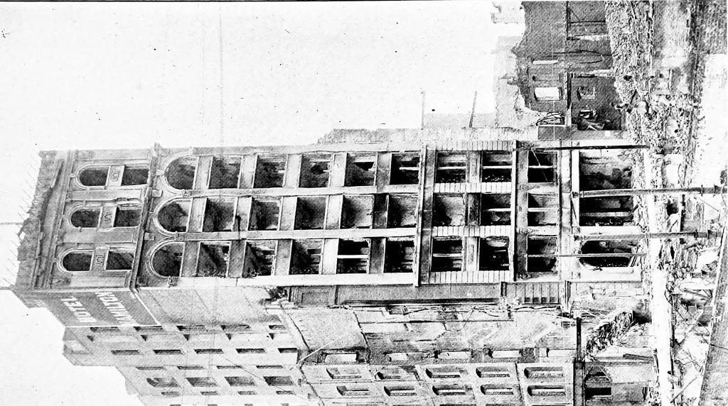 An illustration from The San Francisco earthquake and fire; a brief history of the disaster; a presentation of facts and resulting phenomena, with special reference to the efficiency of building materials, lessons of the disaster, 1906, leaf 154