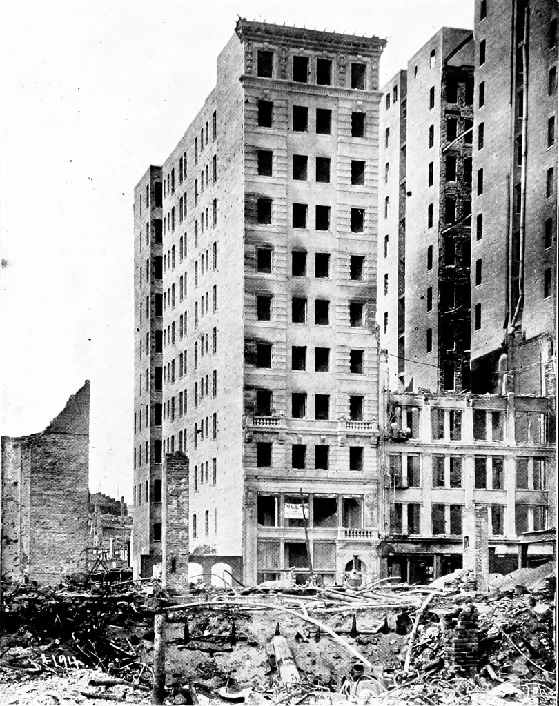 An illustration from The San Francisco earthquake and fire; a brief history of the disaster; a presentation of facts and resulting phenomena, with special reference to the efficiency of building materials, lessons of the disaster, 1906, leaf 158