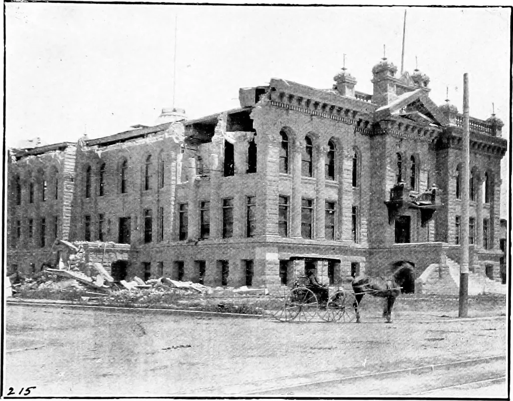 An illustration from The San Francisco earthquake and fire; a brief history of the disaster; a presentation of facts and resulting phenomena, with special reference to the efficiency of building materials, lessons of the disaster, 1906, leaf 20