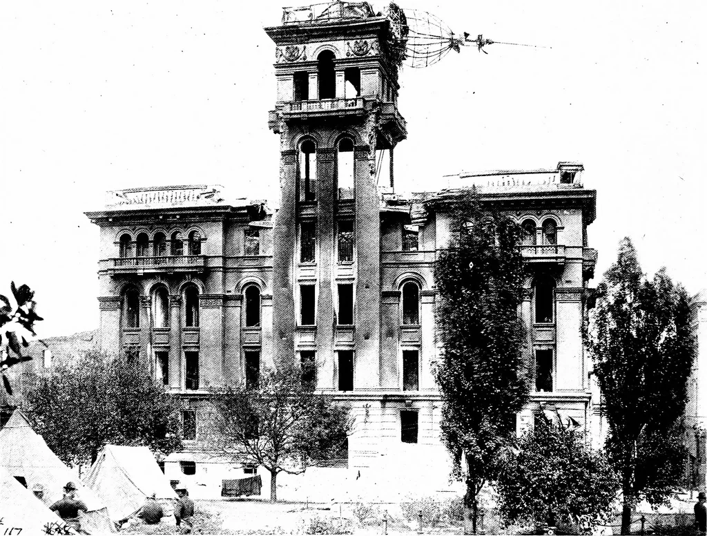 An illustration from The San Francisco earthquake and fire; a brief history of the disaster; a presentation of facts and resulting phenomena, with special reference to the efficiency of building materials, lessons of the disaster, 1906, leaf 211