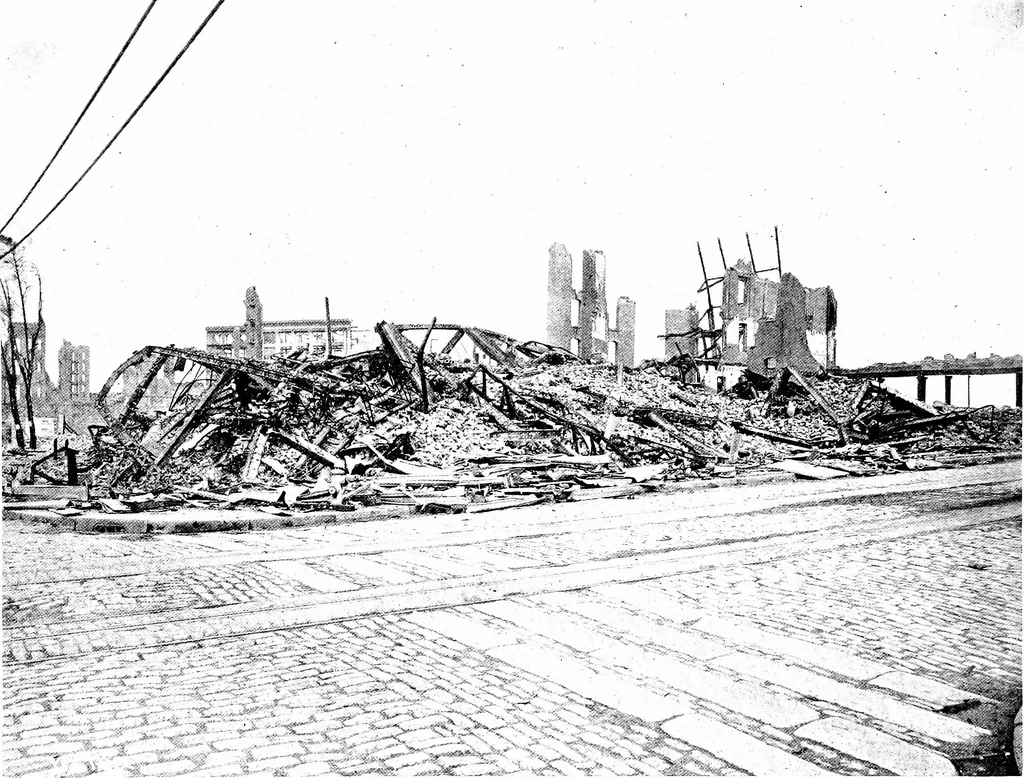An illustration from The San Francisco earthquake and fire; a brief history of the disaster; a presentation of facts and resulting phenomena, with special reference to the efficiency of building materials, lessons of the disaster, 1906, leaf 233