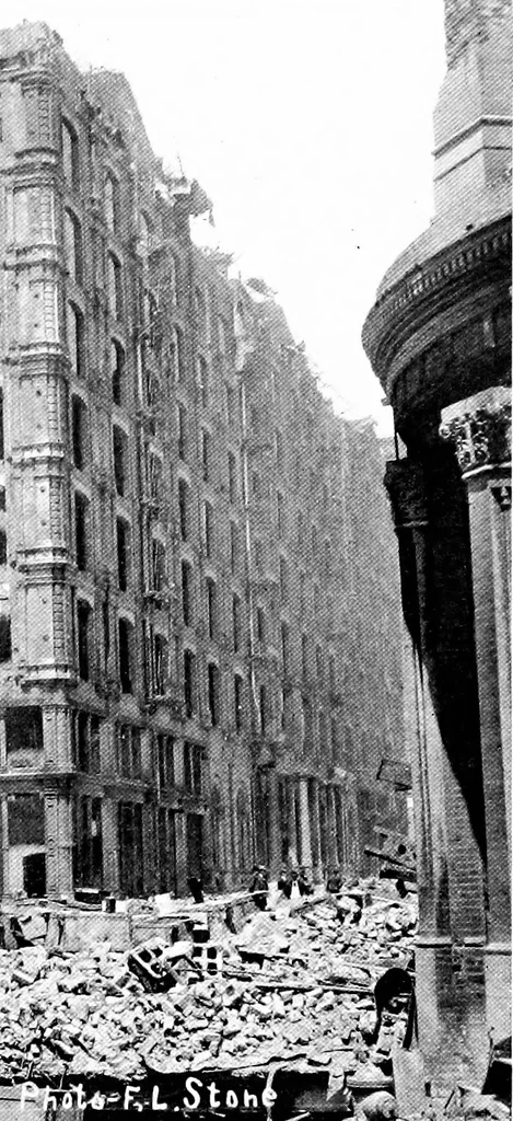 An illustration from The San Francisco earthquake and fire; a brief history of the disaster; a presentation of facts and resulting phenomena, with special reference to the efficiency of building materials, lessons of the disaster, 1906, leaf 30