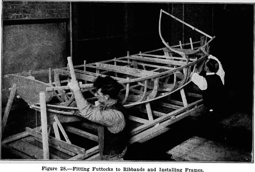 An illustration from A practical course in wooden boat and ship building, the fundamental principles and practical methods described in detail, especially written for carpenters and other woodworkers who desire to engage in boat or ship building, and as a textbook for schools, 1918, leaf 62