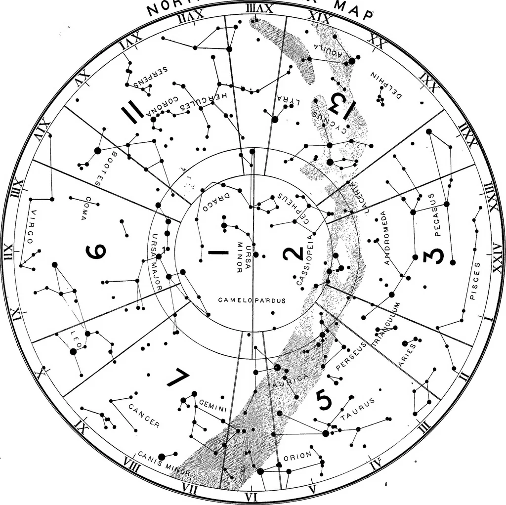 An illustration from A star atlas and telescopic handbook (epoch 1920) for students and amateurs, covering the whole star sphere, and showing over 7000 stars, nebulæ, and clusters; with short descriptive lists of objects suitable for small telescopes;, 1910, leaf 1