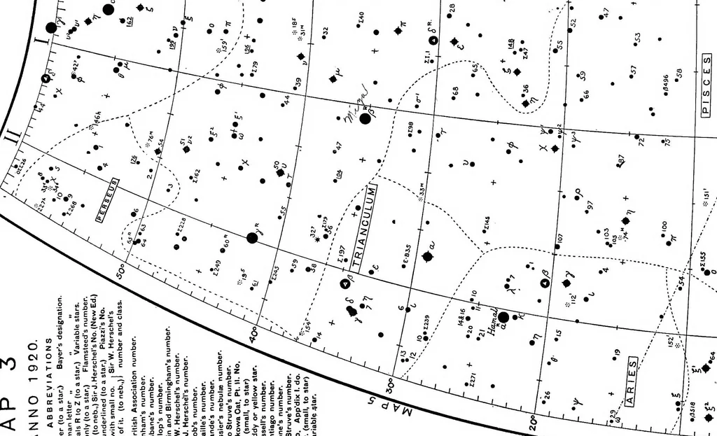 An illustration from A star atlas and telescopic handbook (epoch 1920) for students and amateurs, covering the whole star sphere, and showing over 7000 stars, nebulæ, and clusters; with short descriptive lists of objects suitable for small telescopes;, 1910, leaf 31