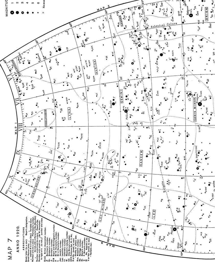 An illustration from A star atlas and telescopic handbook (epoch 1920) for students and amateurs, covering the whole star sphere, and showing over 7000 stars, nebulæ, and clusters; with short descriptive lists of objects suitable for small telescopes;, 1910, leaf 39