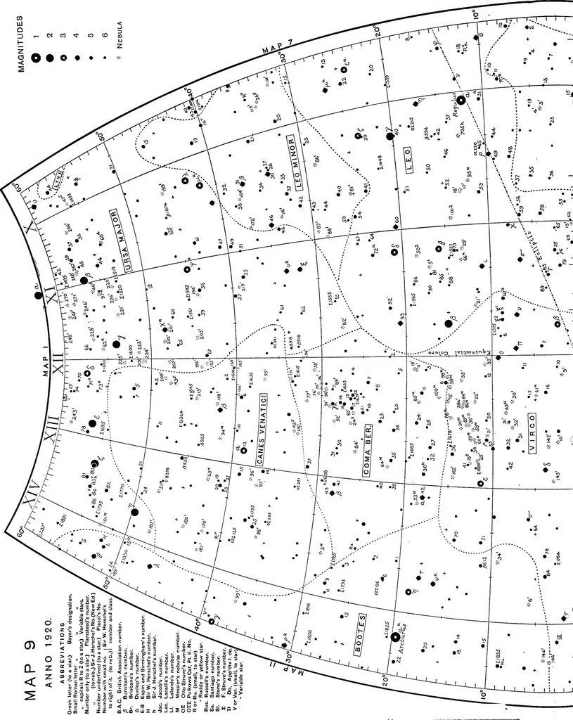 An illustration from A star atlas and telescopic handbook (epoch 1920) for students and amateurs, covering the whole star sphere, and showing over 7000 stars, nebulæ, and clusters; with short descriptive lists of objects suitable for small telescopes;, 1910, leaf 43