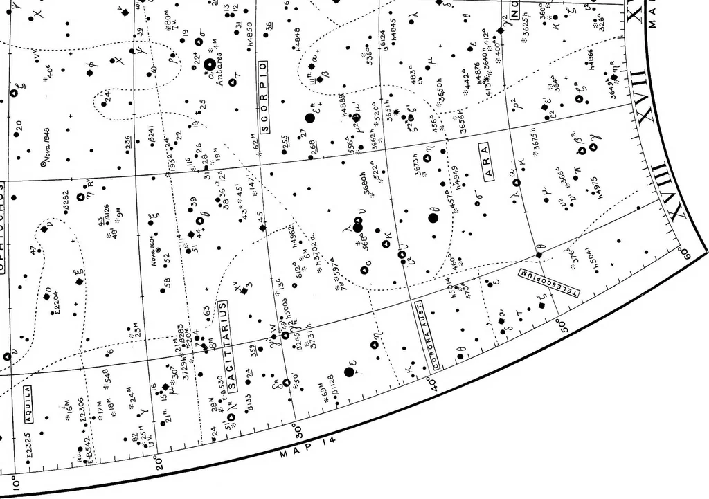 An illustration from A star atlas and telescopic handbook (epoch 1920) for students and amateurs, covering the whole star sphere, and showing over 7000 stars, nebulæ, and clusters; with short descriptive lists of objects suitable for small telescopes;, 1910, leaf 46