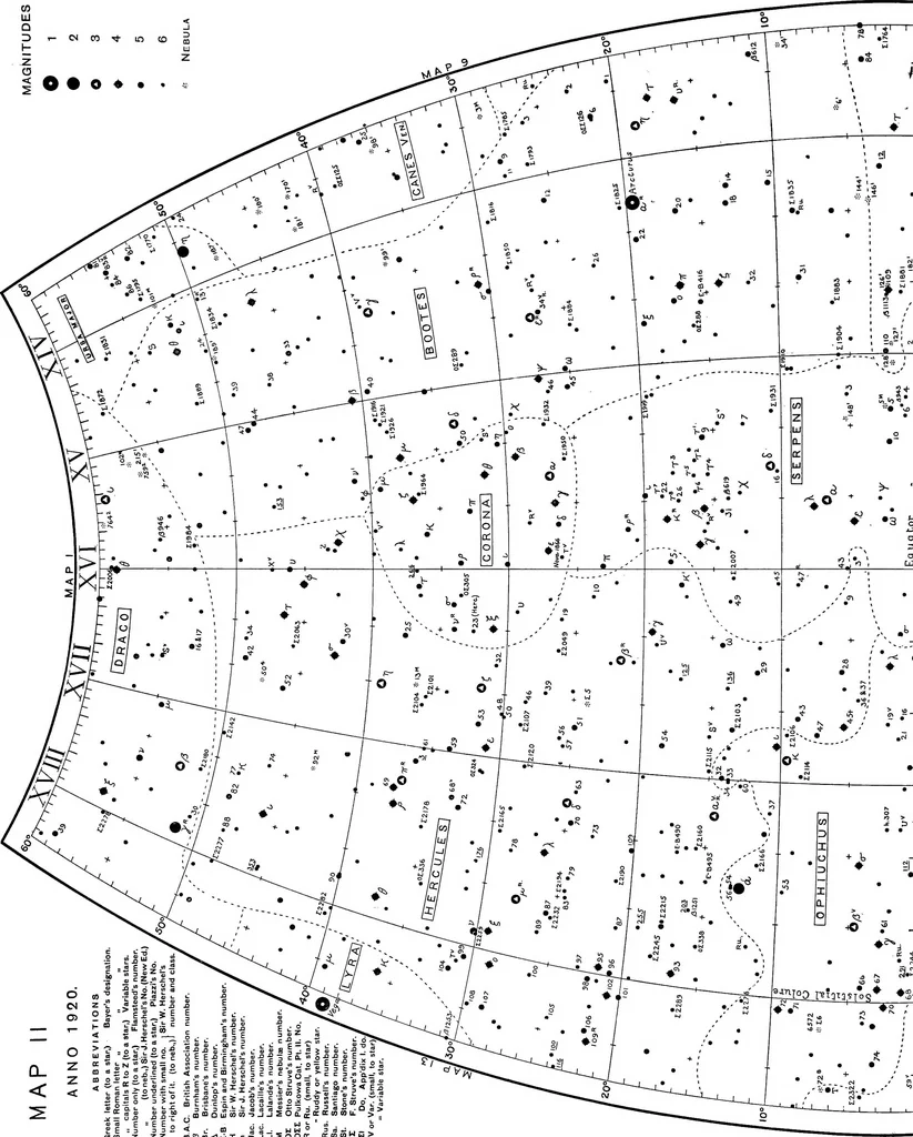 An illustration from A star atlas and telescopic handbook (epoch 1920) for students and amateurs, covering the whole star sphere, and showing over 7000 stars, nebulæ, and clusters; with short descriptive lists of objects suitable for small telescopes;, 1910, leaf 47