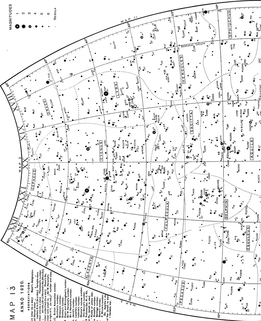 An illustration from A star atlas and telescopic handbook (epoch 1920) for students and amateurs, covering the whole star sphere, and showing over 7000 stars, nebulæ, and clusters; with short descriptive lists of objects suitable for small telescopes;, 1910, leaf 51