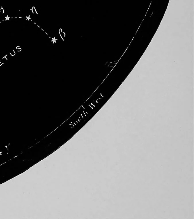 An illustration from Half-hours with the stars. A plain and easy guide to the knowledge of the constellations. Showing in twelve maps, the position for the United States of the principal star groups night after night, throughout the year, with introduction and a separate explanation of each map. True for every year, 1887, leaf 19