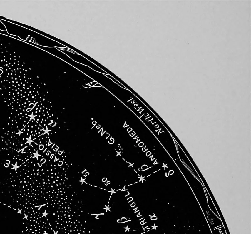 An illustration from Half-hours with the stars. A plain and easy guide to the knowledge of the constellations. Showing in twelve maps, the position for the United States of the principal star groups night after night, throughout the year, with introduction and a separate explanation of each map. True for every year, 1887, leaf 25