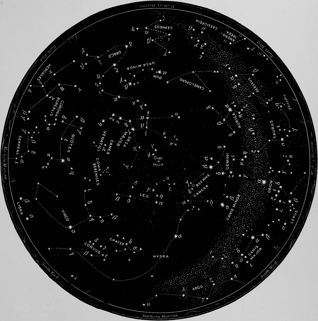 An illustration from Half-hours with the stars. A plain and easy guide to the knowledge of the constellations. Showing in twelve maps, the position for the United States of the principal star groups night after night, throughout the year, with introduction and a separate explanation of each map. True for every year, 1887, leaf 28