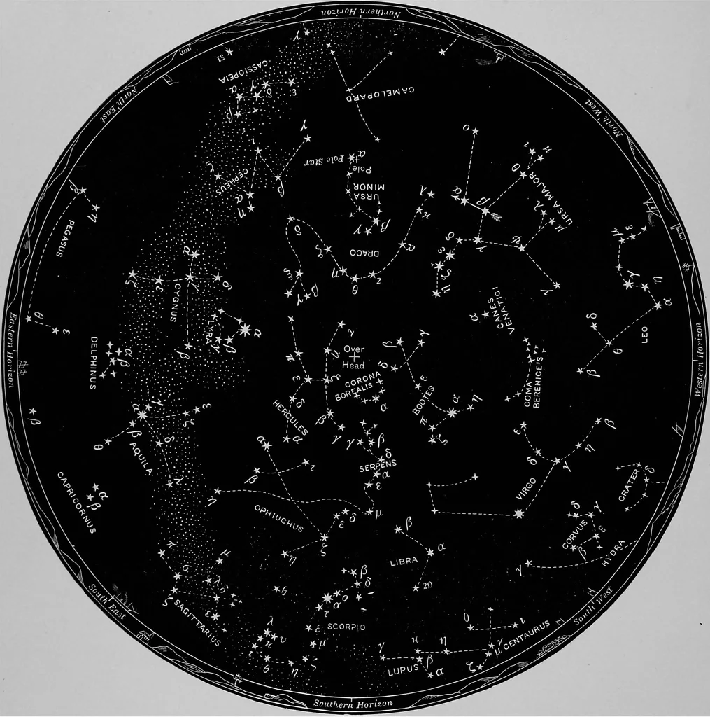 An illustration from Half-hours with the stars. A plain and easy guide to the knowledge of the constellations. Showing in twelve maps, the position for the United States of the principal star groups night after night, throughout the year, with introduction and a separate explanation of each map. True for every year, 1887, leaf 37