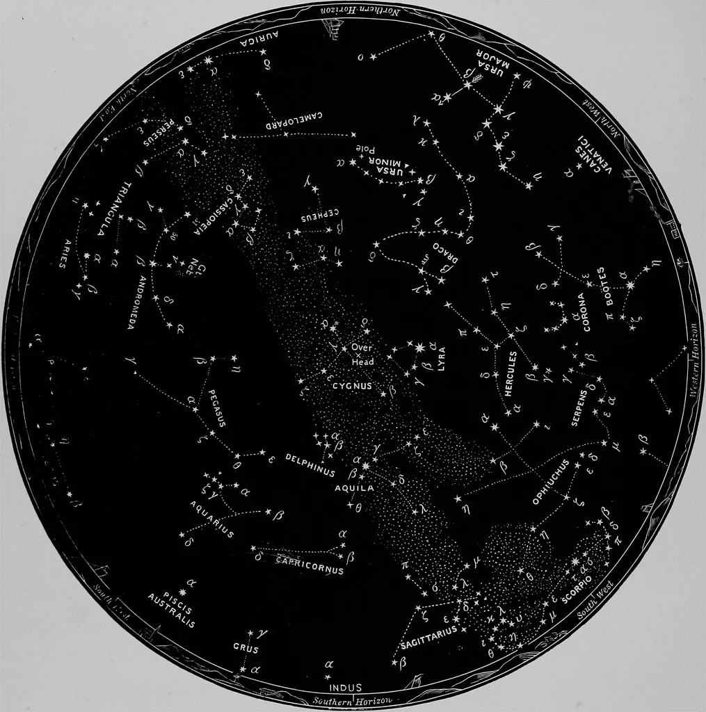 An illustration from Half-hours with the stars. A plain and easy guide to the knowledge of the constellations. Showing in twelve maps, the position for the United States of the principal star groups night after night, throughout the year, with introduction and a separate explanation of each map. True for every year, 1887, leaf 43