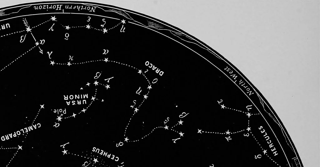 An illustration from Half-hours with the stars. A plain and easy guide to the knowledge of the constellations. Showing in twelve maps, the position for the United States of the principal star groups night after night, throughout the year, with introduction and a separate explanation of each map. True for every year, 1887, leaf 49