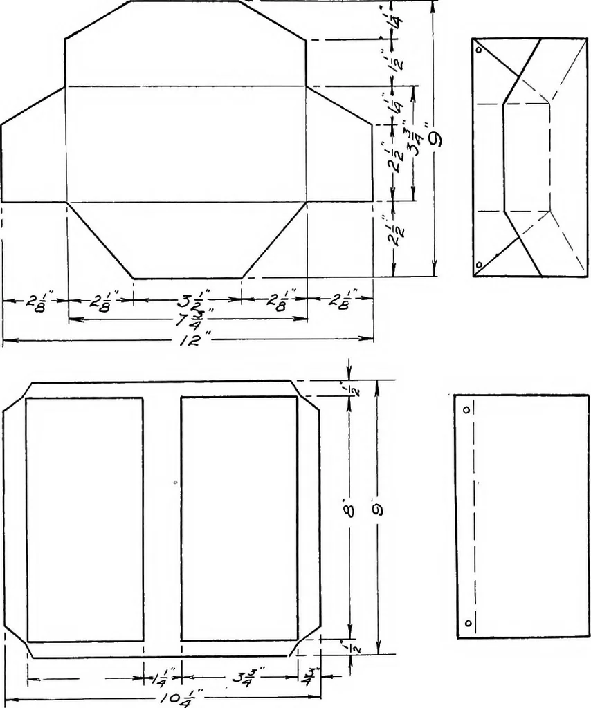 An illustration from Paper and cardboard construction. An analysis of the scope of paper and cardboard construction for primary grades of public schools ... Book problems, box problems, card problems, envelope problems, 1916, leaf 132