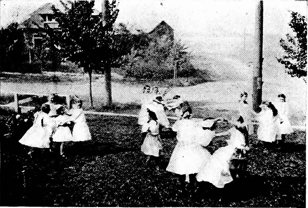 An illustration from Play, comprising games for the kindergarten, playground, schoolroom and college; how to coach and play girls' basket-ball, etc, 1918, leaf 165