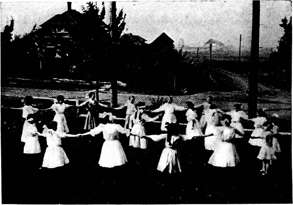 An illustration from Play, comprising games for the kindergarten, playground, schoolroom and college; how to coach and play girls' basket-ball, etc, 1918, leaf 187
