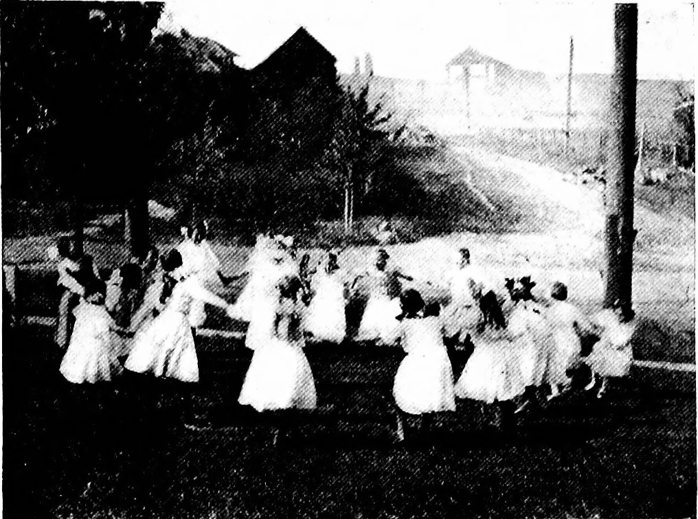 An illustration from Play, comprising games for the kindergarten, playground, schoolroom and college; how to coach and play girls' basket-ball, etc, 1918, leaf 200