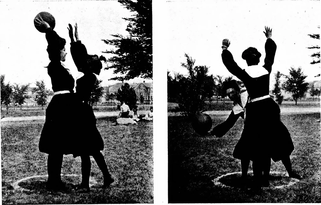 An illustration from Play, comprising games for the kindergarten, playground, schoolroom and college; how to coach and play girls' basket-ball, etc, 1918, leaf 243